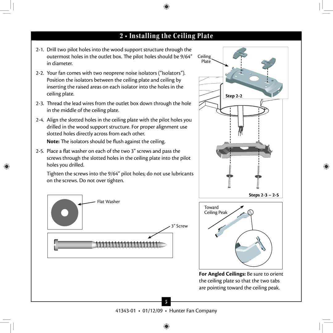 Hunter Fan 41343-01 installation manual Installing the Ceiling Plate 