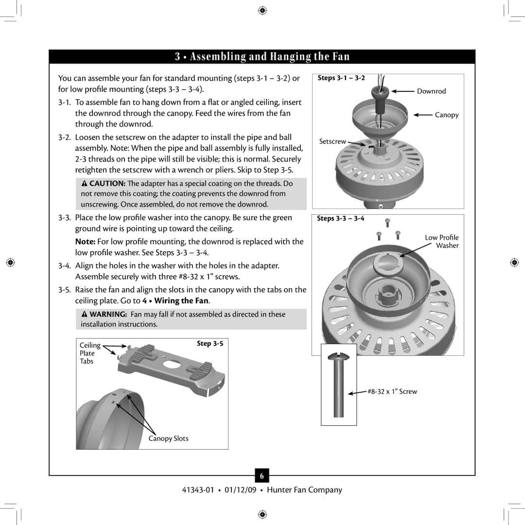 Hunter Fan 41343-01 installation manual Assembling and Hanging the Fan 