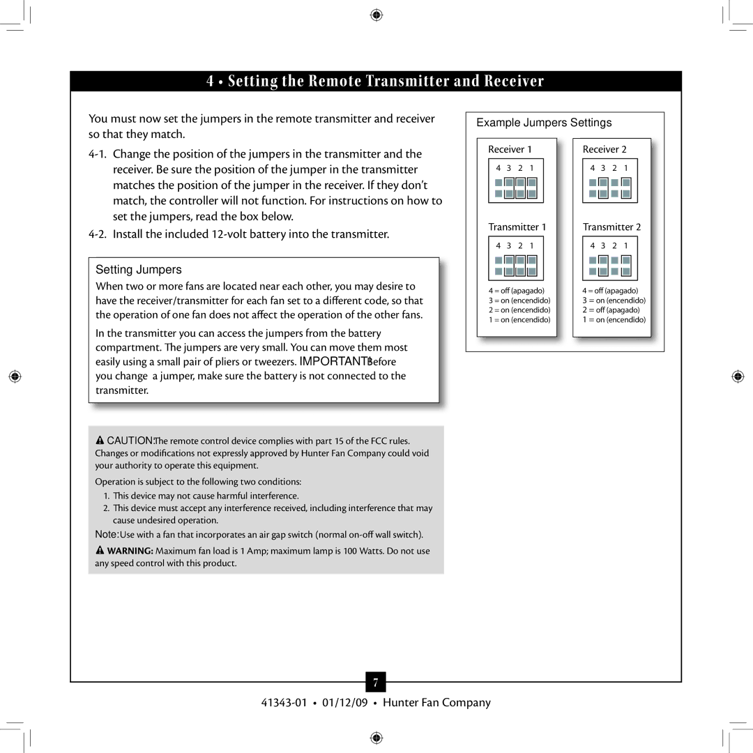 Hunter Fan 41343-01 installation manual Setting the Remote Transmitter and Receiver, Setting Jumpers 