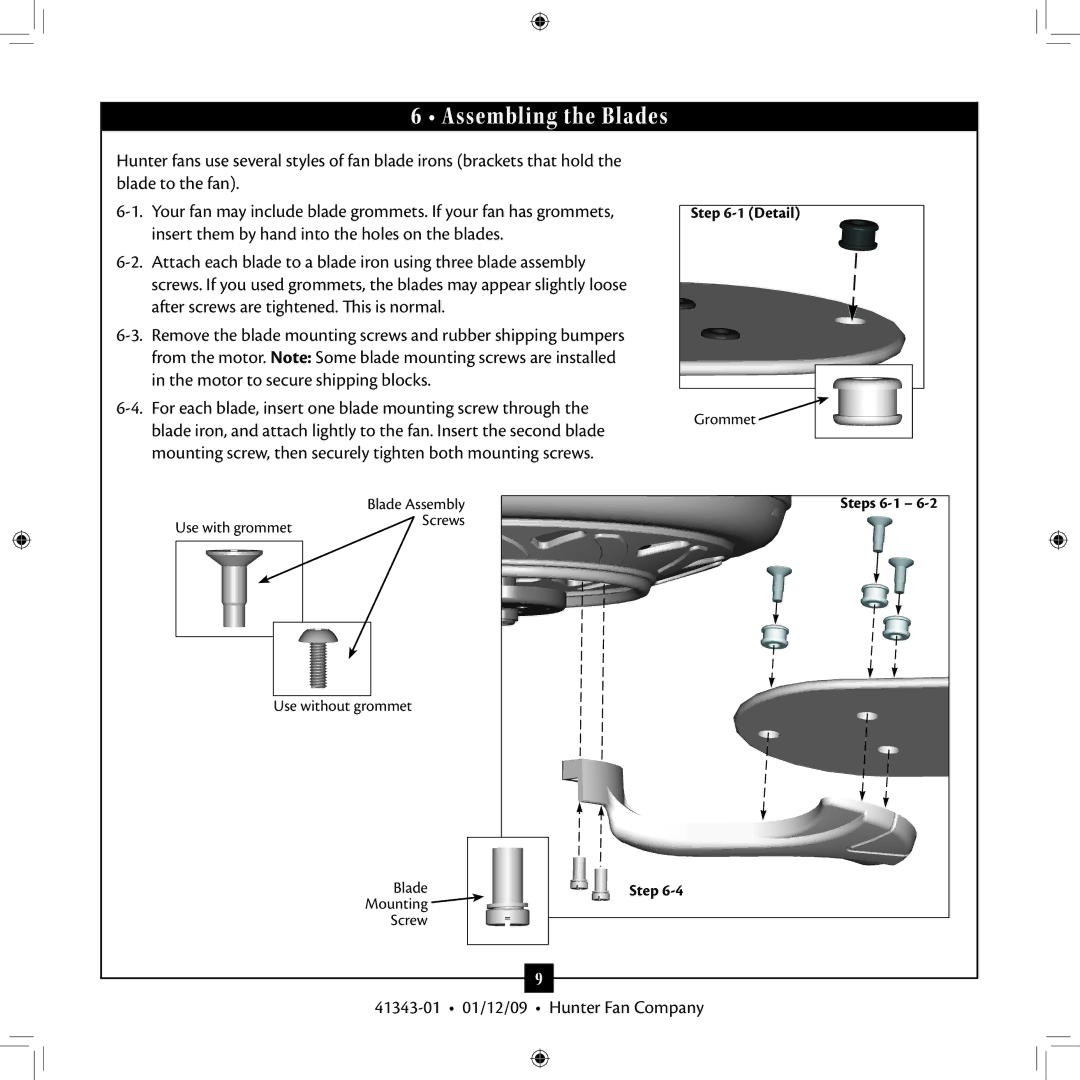 Hunter Fan 41343-01 installation manual Assembling the Blades 