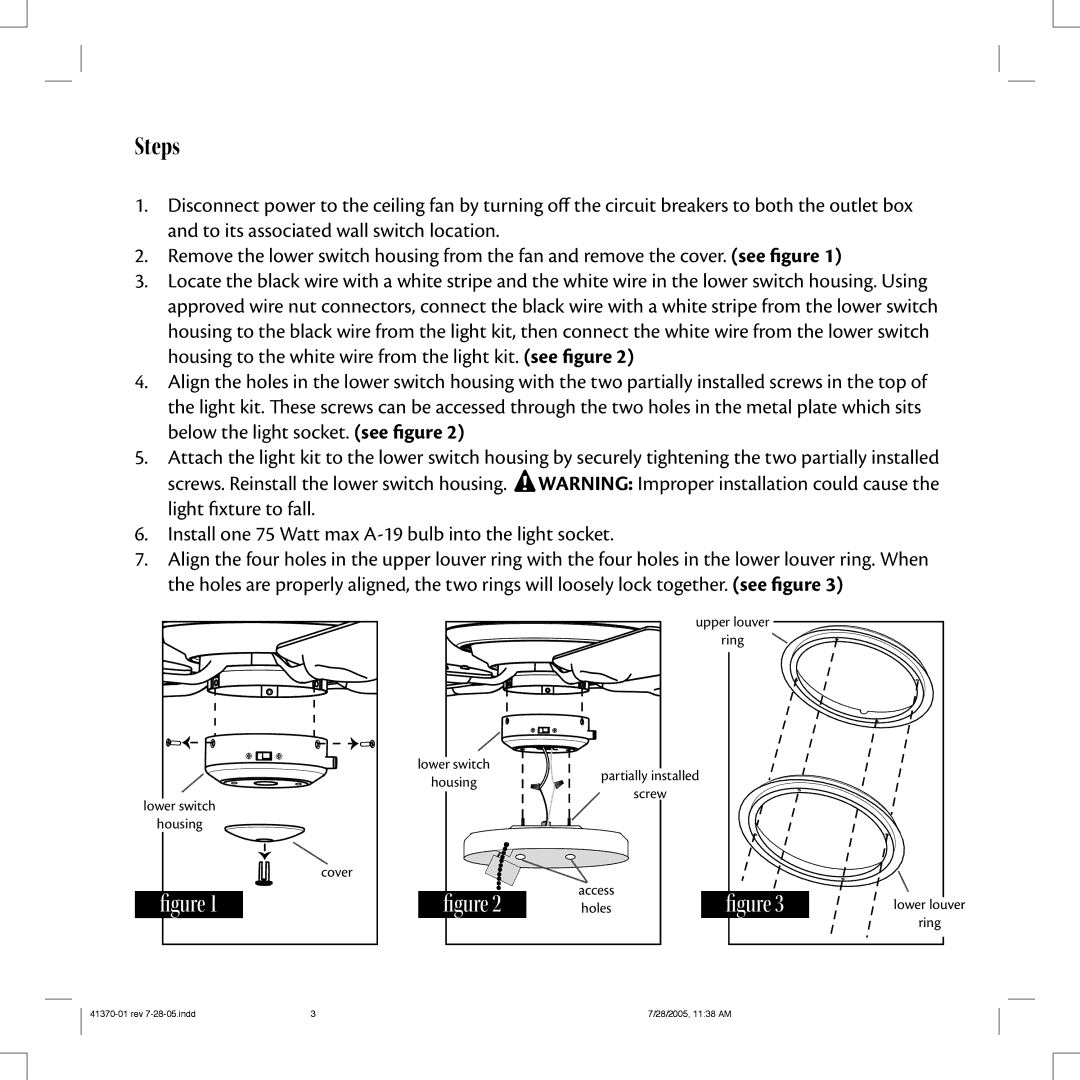 Hunter Fan 41370-01 installation instructions Steps 