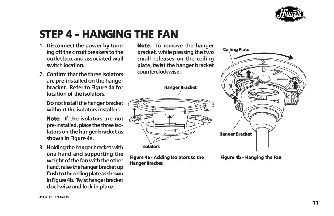 Hunter Fan 41462-01 operation manual Hanging the FAN, Adding Isolators to the Hanger Bracket Ceiling Plate 