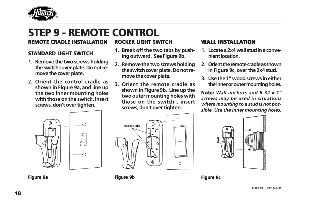 Hunter Fan 41462-01 operation manual Remote Control, Remote Cradle Installation Standard Light Switch, Rocker Light Switch 