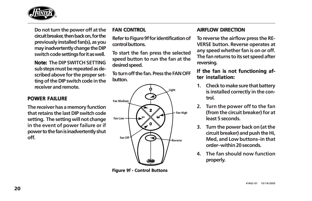 Hunter Fan 41462-01 operation manual Power Failure, FAN Control, Airflow Direction, Fan should now function properly 