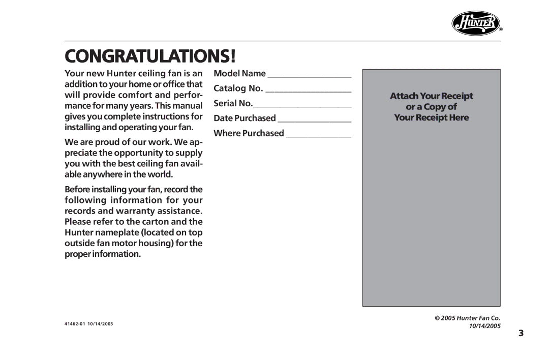 Hunter Fan 41462-01 operation manual Congratulations 