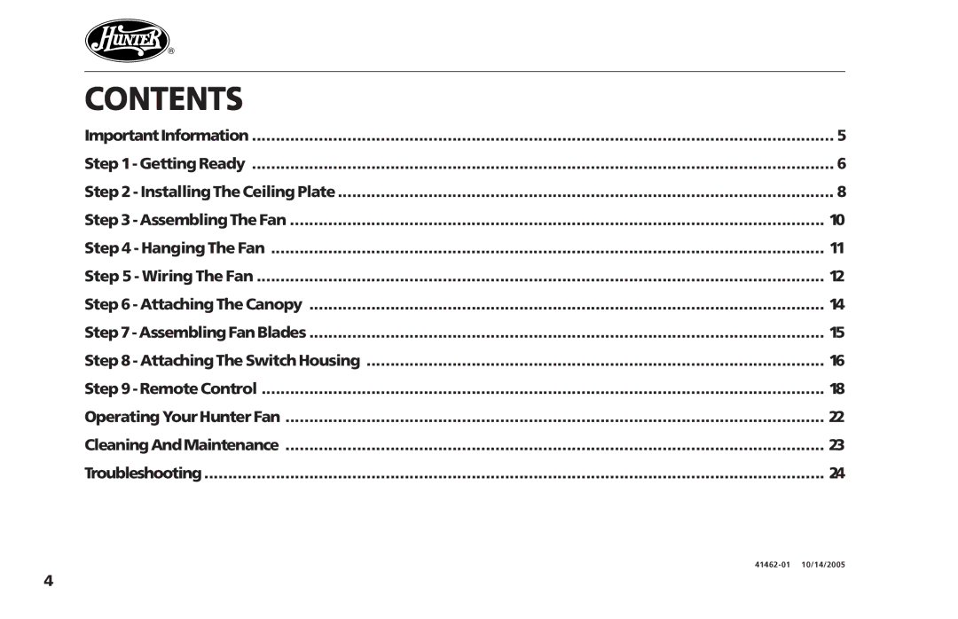 Hunter Fan 41462-01 operation manual Contents 