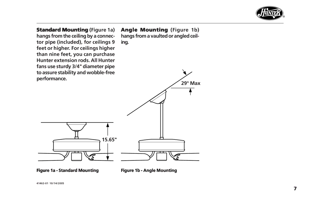 Hunter Fan 41462-01 operation manual 1512.65, Standard Mounting 