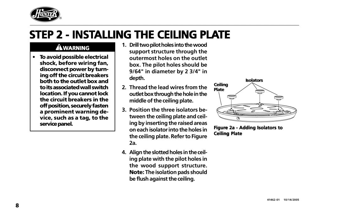 Hunter Fan 41462-01 operation manual Installing the Ceiling Plate, Adding Isolators to Ceiling Plate 