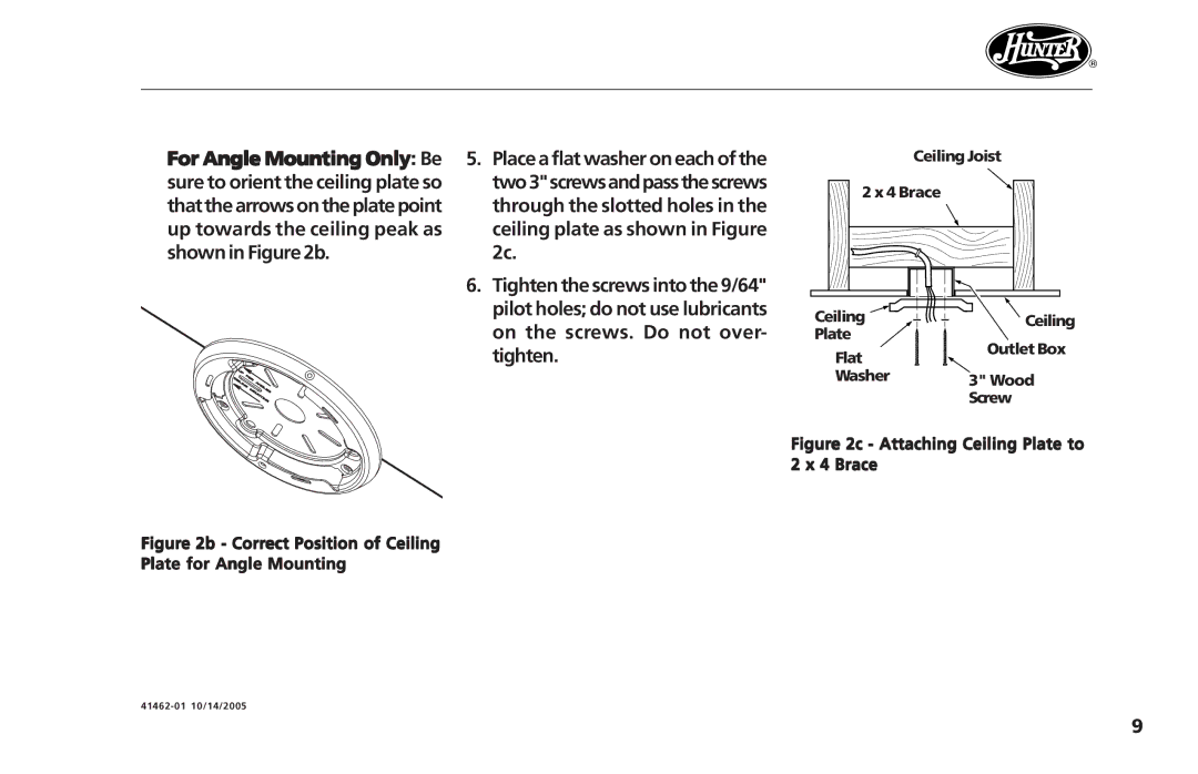 Hunter Fan 41462-01 operation manual Attaching Ceiling Plate to 2 x 4 Brace 