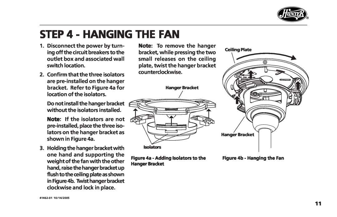 Hunter Fan 41462-01 operation manual Hanging The Fan 