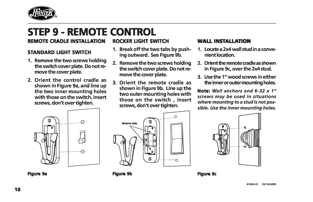 Hunter Fan 41462-01 operation manual Remote Control, Remote Cradle Installation Standard Light Switch, Rocker Light Switch 