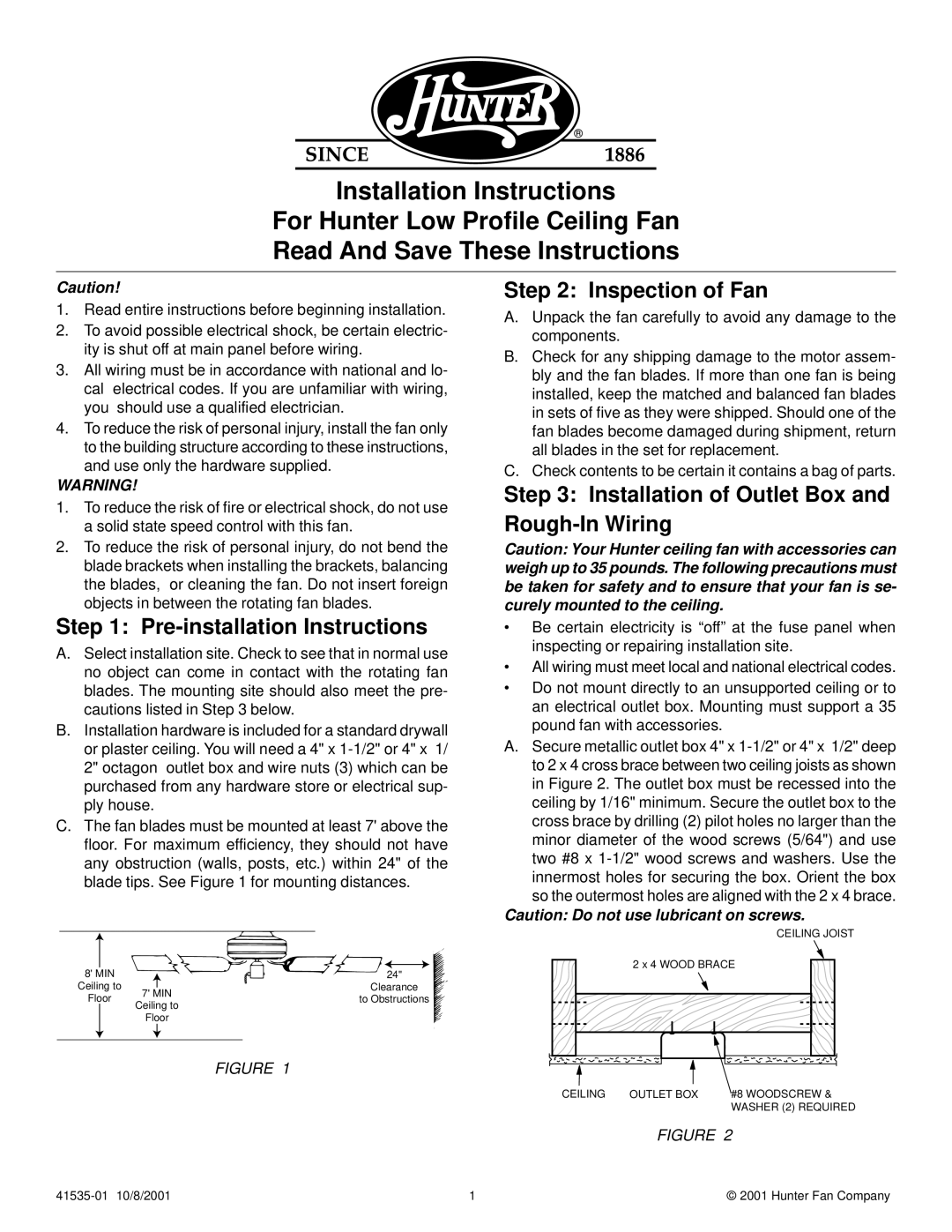 Hunter Fan 41535-01 installation instructions Pre-installation Instructions, Inspection of Fan 