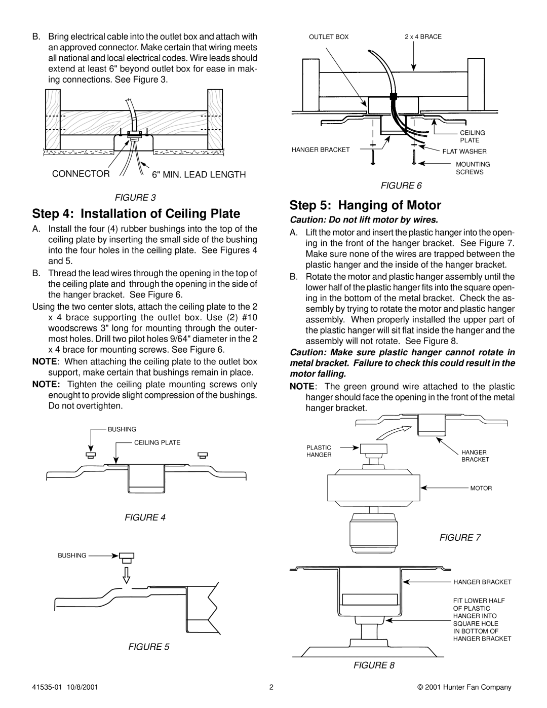 Hunter Fan 41535-01 installation instructions Installation of Ceiling Plate, Hanging of Motor 