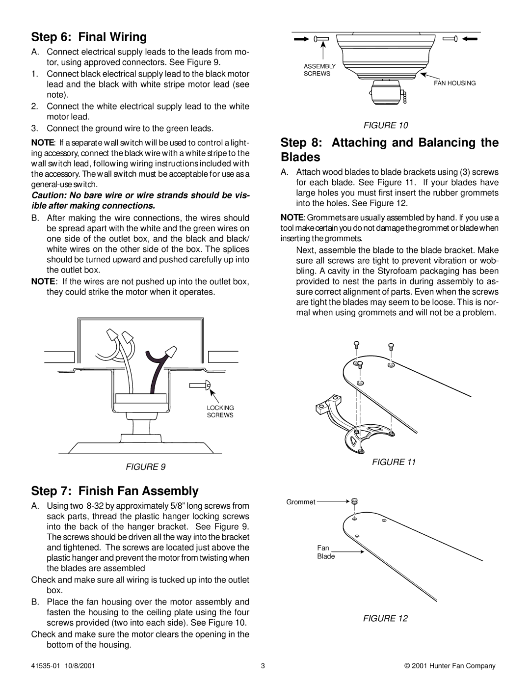 Hunter Fan 41535-01 installation instructions Final Wiring, Attaching and Balancing the Blades, Finish Fan Assembly 