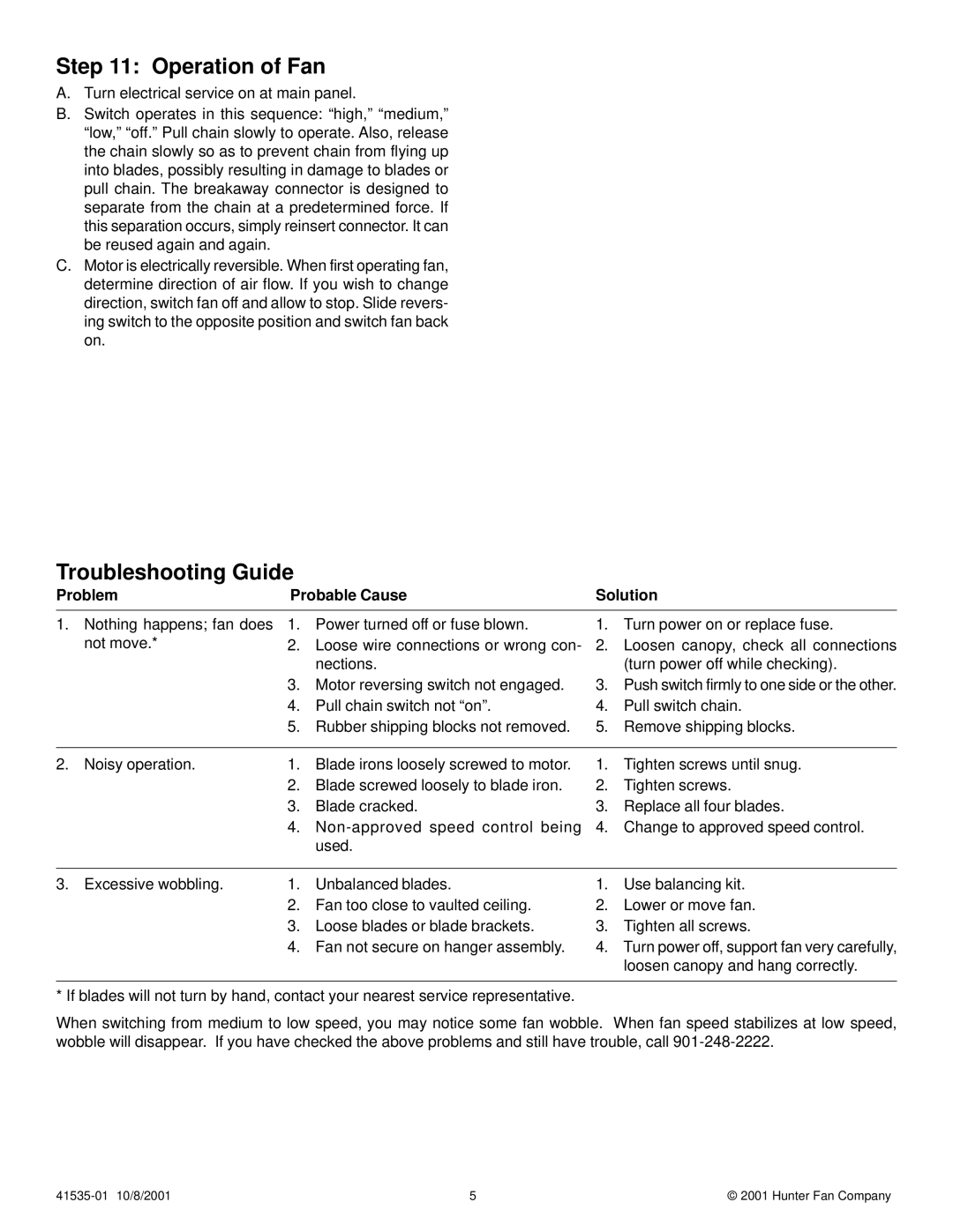 Hunter Fan 41535-01 installation instructions Operation of Fan, Troubleshooting Guide 