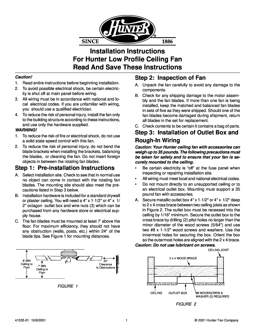Hunter Fan 41535-01 installation instructions Pre-installation Instructions, Inspection of Fan 