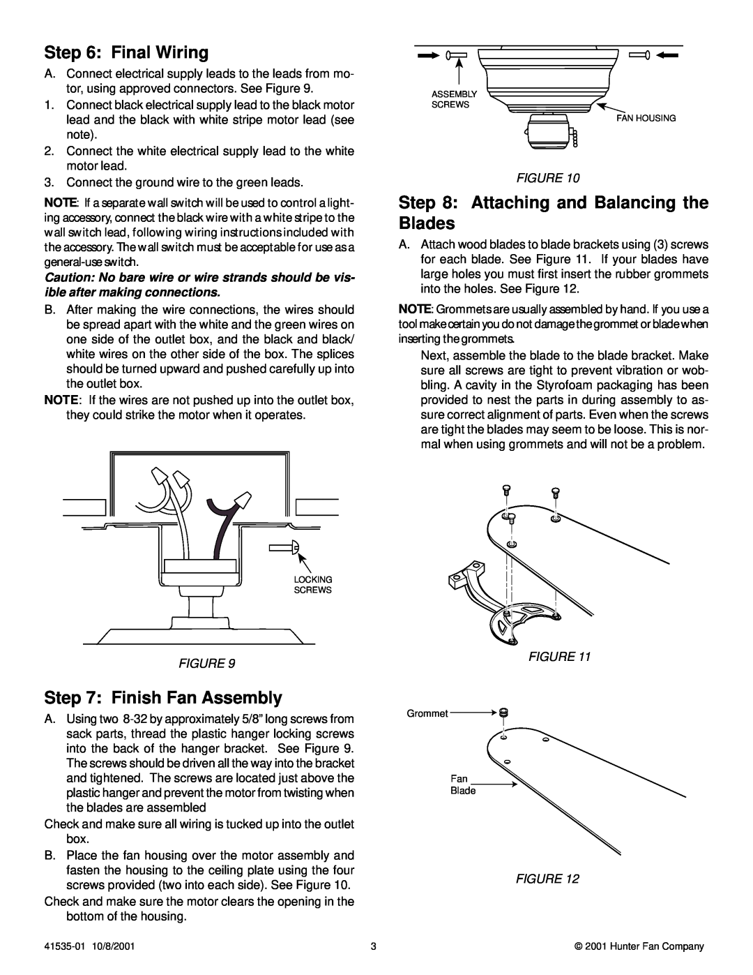 Hunter Fan 41535-01 installation instructions Final Wiring, Attaching and Balancing the Blades, Finish Fan Assembly 
