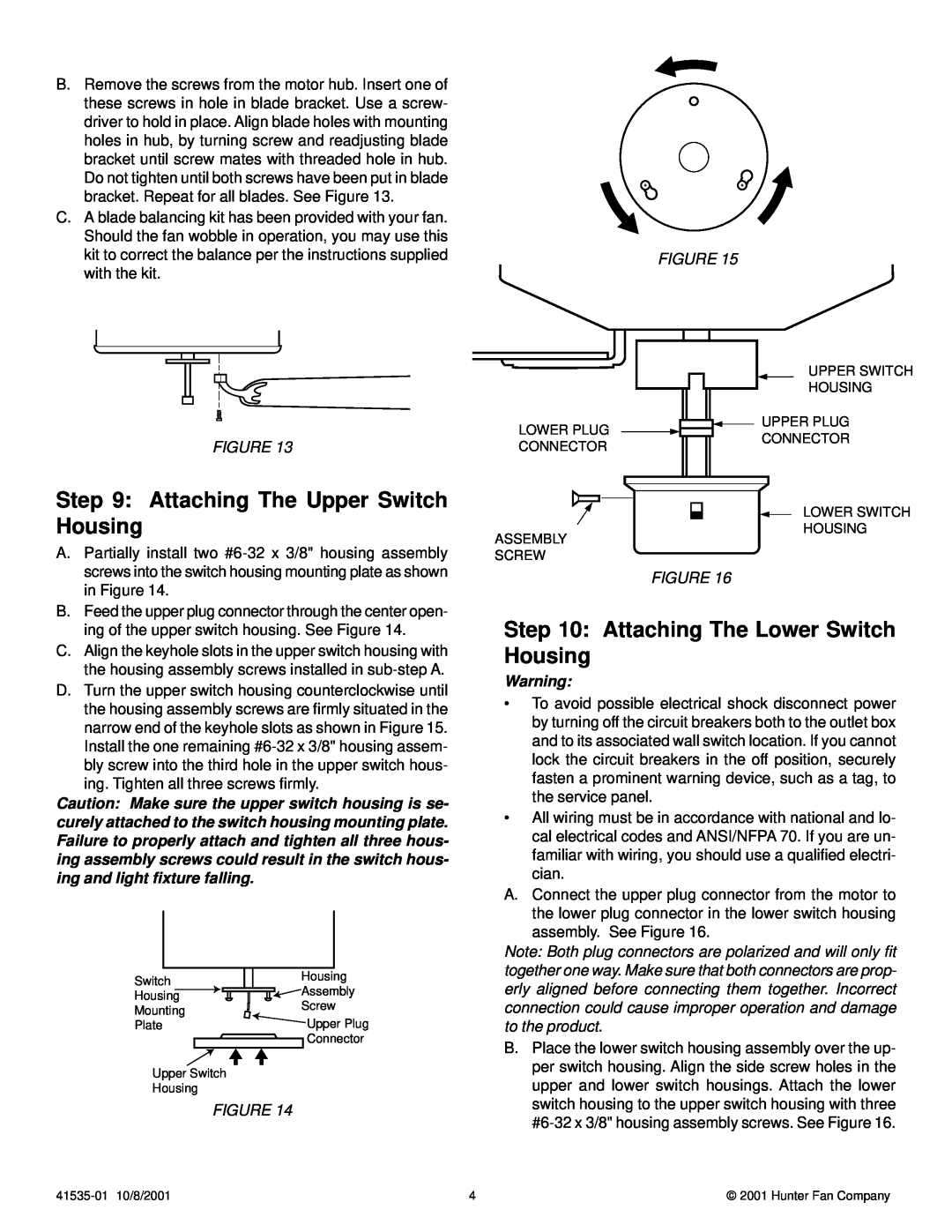 Hunter Fan 41535-01 installation instructions Attaching The Upper Switch Housing, Attaching The Lower Switch Housing 