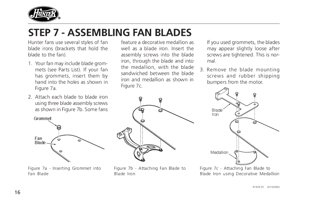 Hunter Fan 41545 operation manual Assembling FAN Blades, Inserting Grommet into 