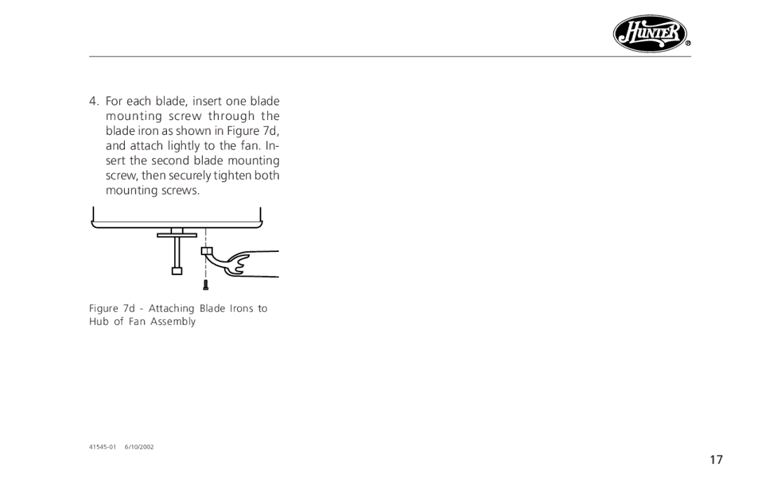 Hunter Fan 41545 operation manual Attaching Blade Irons to Hub of Fan Assembly 