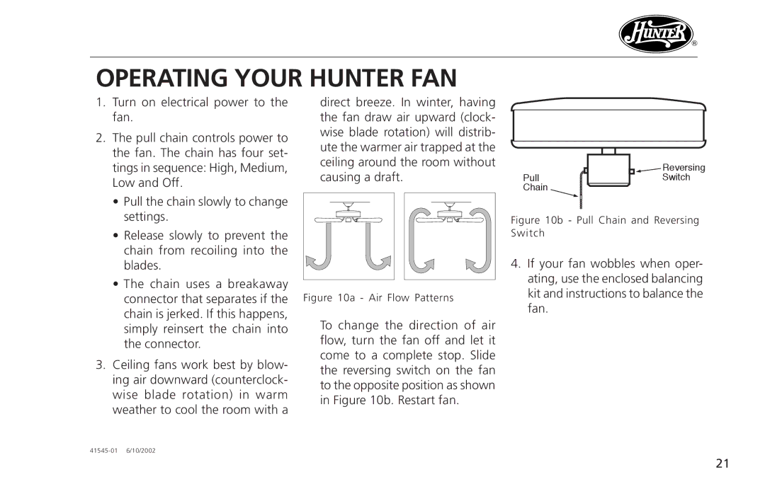 Hunter Fan 41545 operation manual Operating Your Hunter FAN, Air Flow Patterns 