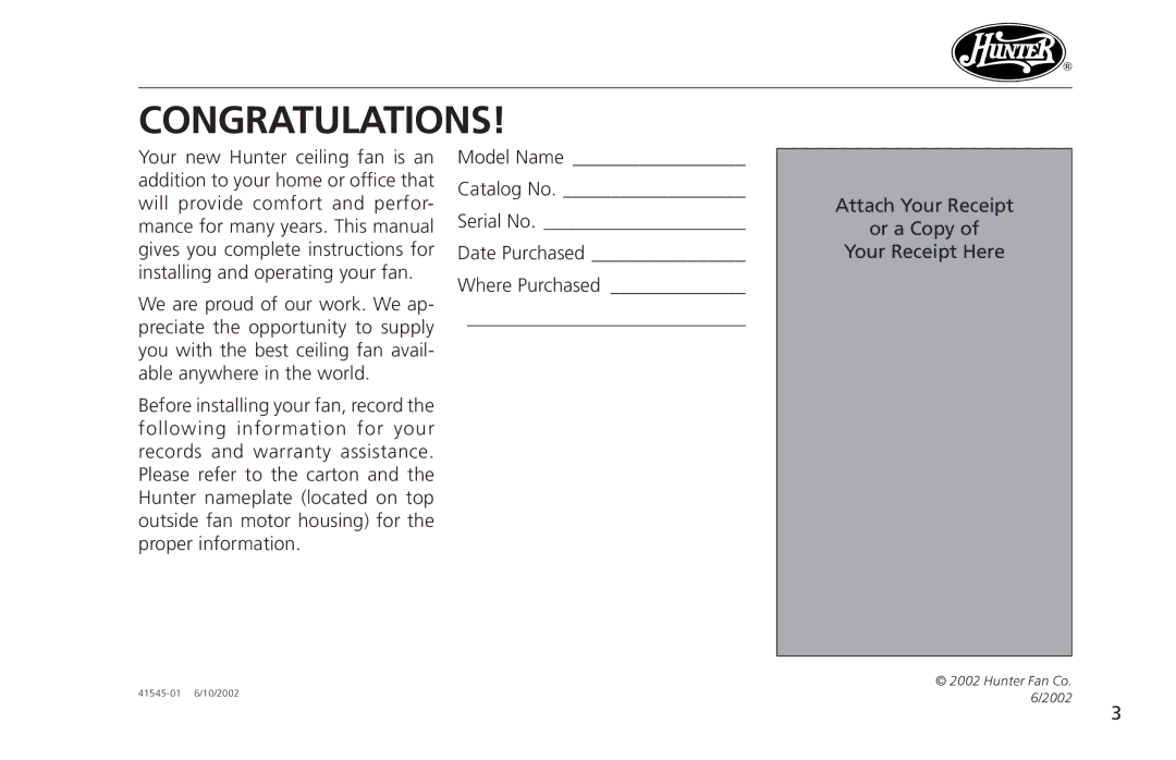 Hunter Fan 41545 operation manual Congratulations 