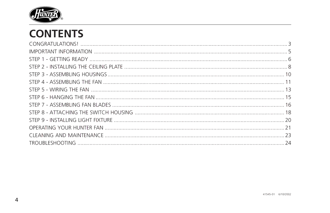 Hunter Fan 41545 operation manual Contents 