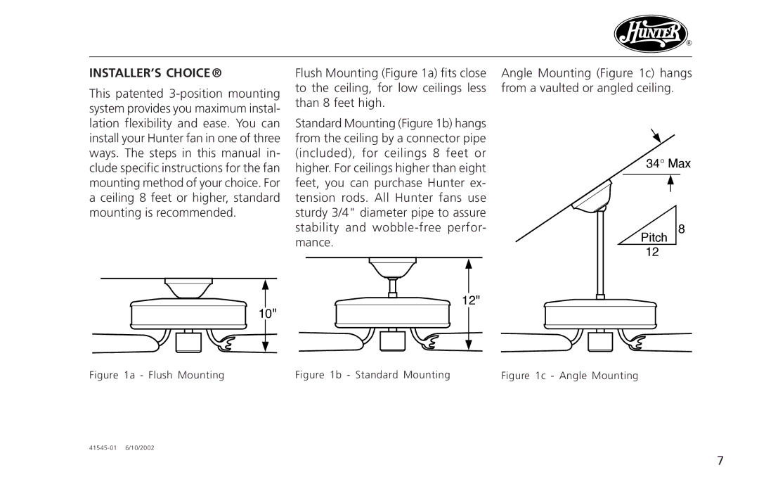 Hunter Fan 41545 operation manual INSTALLER’S Choice, Flush Mounting 