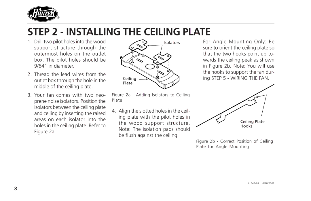 Hunter Fan 41545 operation manual Installing the Ceiling Plate, Adding Isolators to Ceiling Plate 