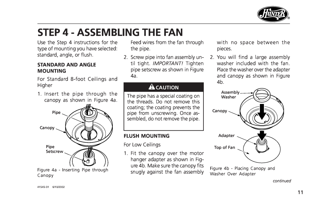 Hunter Fan 41545 operation manual Assembling The Fan, Standard And Angle Mounting, Flush Mounting 