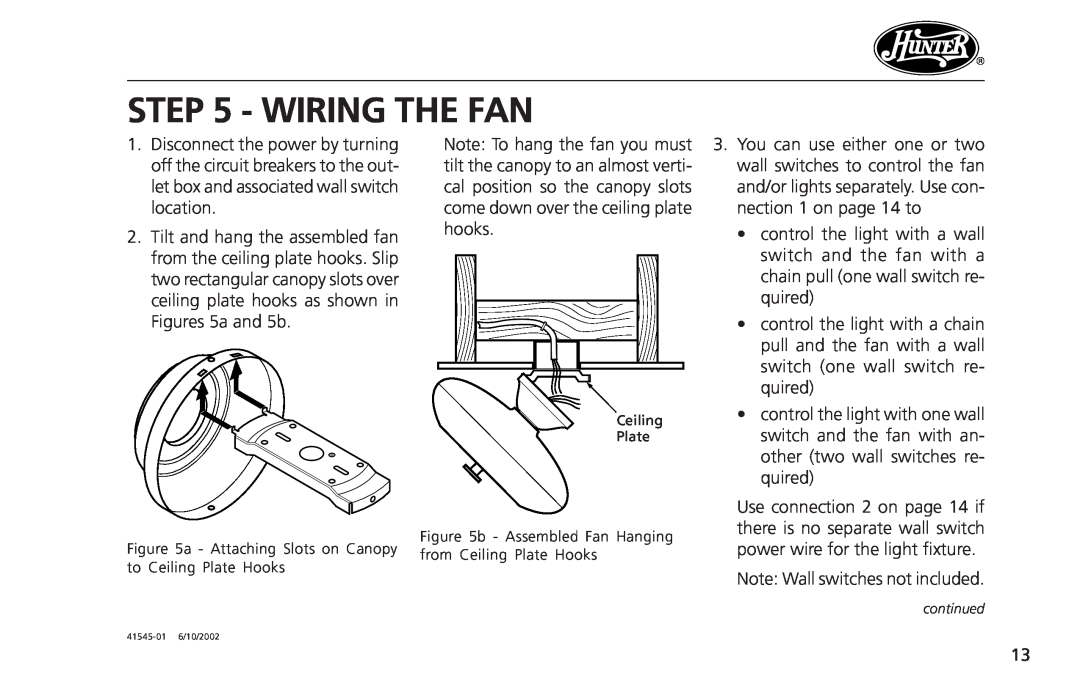 Hunter Fan 41545 operation manual Wiring The Fan 