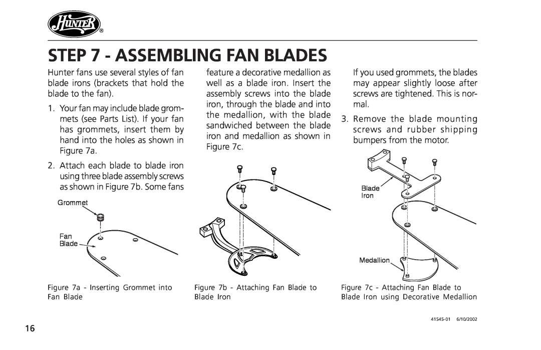 Hunter Fan 41545 operation manual Assembling Fan Blades 