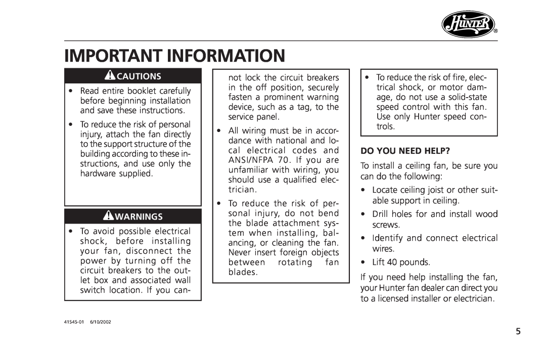 Hunter Fan 41545 operation manual Important Information, Do You Need Help?, Cautions, Warnings 