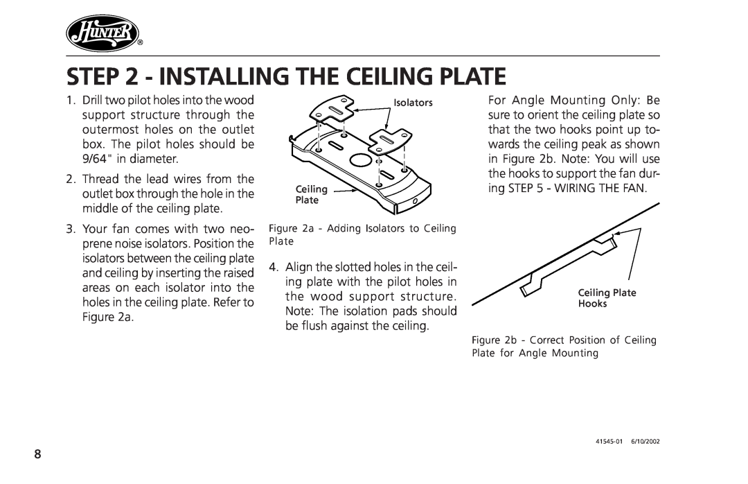 Hunter Fan 41545 operation manual Installing The Ceiling Plate 