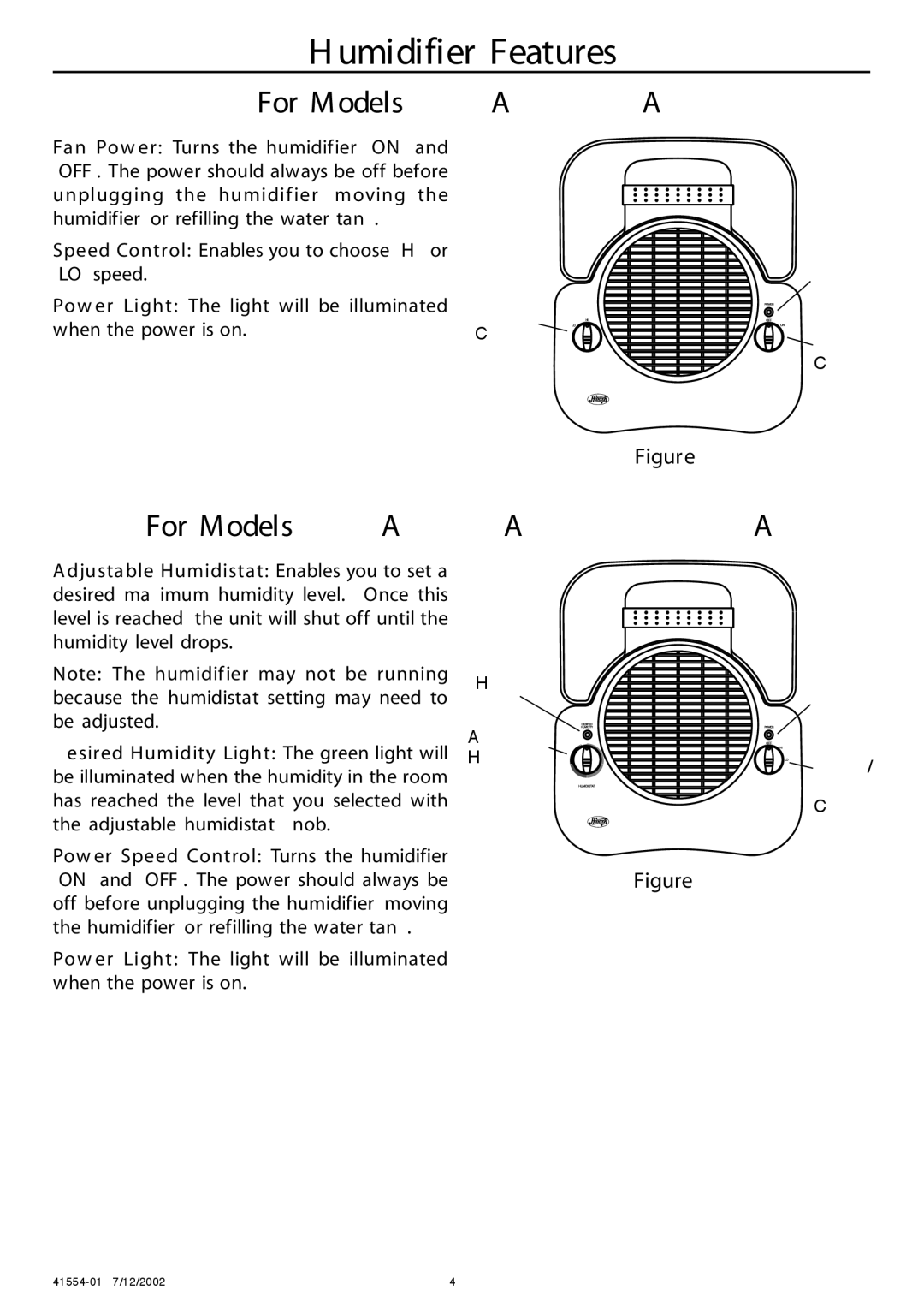 Hunter Fan 41554-01 manual Umidifier Features, For Models 33200A & 37200A, For Models 33250A , 33280A , 34331 & 37250A 