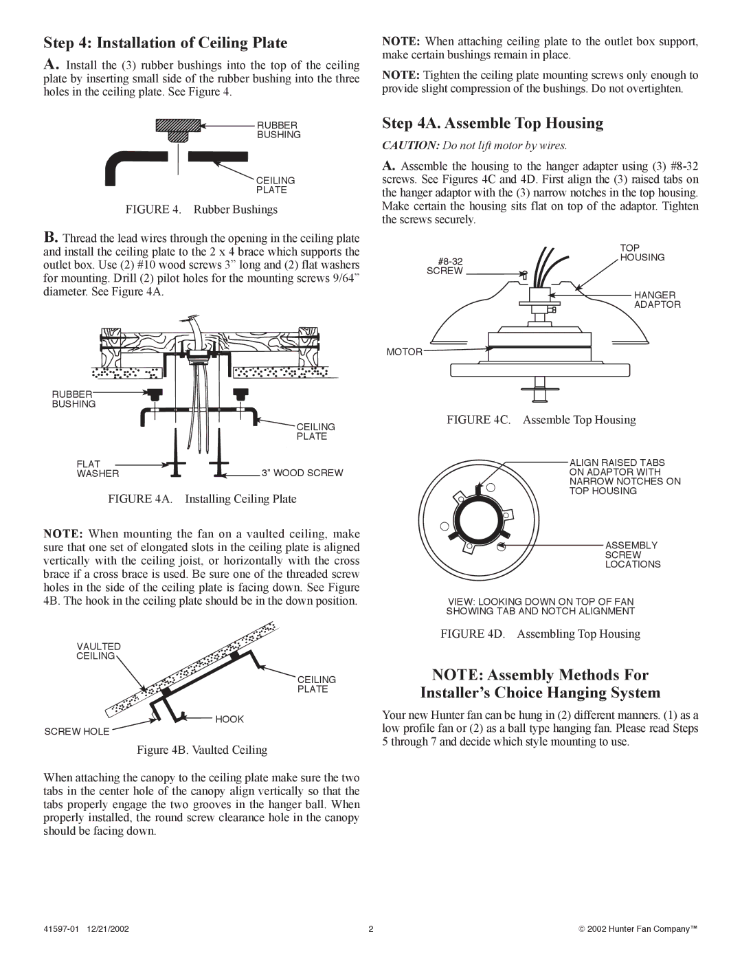 Hunter Fan 41597-01 Installation of Ceiling Plate, Assemble Top Housing, Installer’s Choice Hanging System 