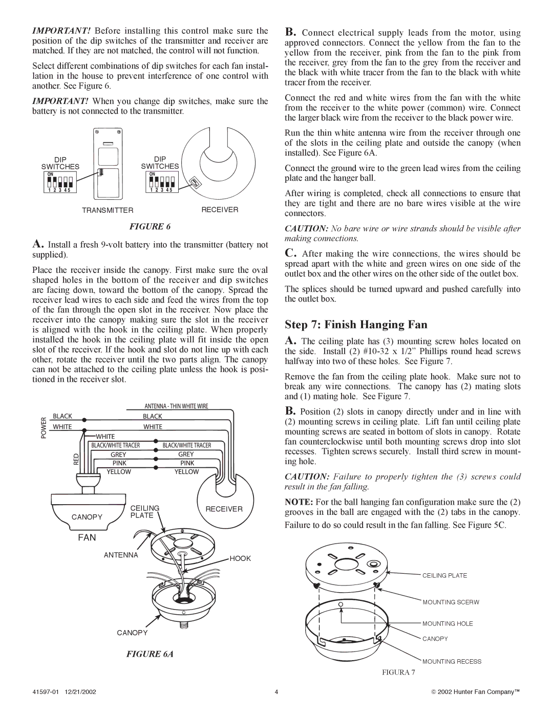 Hunter Fan 41597-01 installation instructions Finish Hanging Fan 