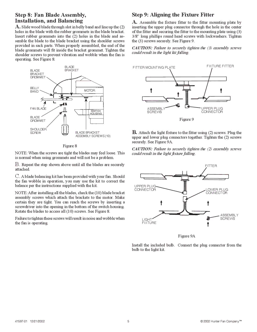 Hunter Fan 41597-01 installation instructions Fan Blade Assembly Installation, and Balancing, Aligning the Fixture Fitter 