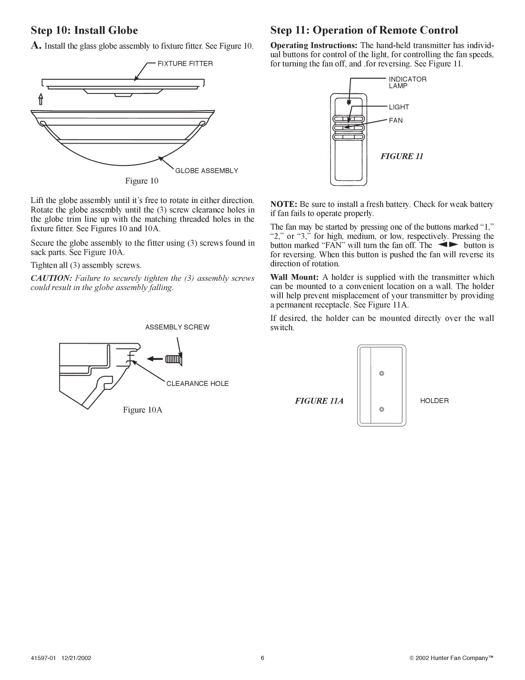 Hunter Fan 41597-01 installation instructions Install Globe, Operation of Remote Control 