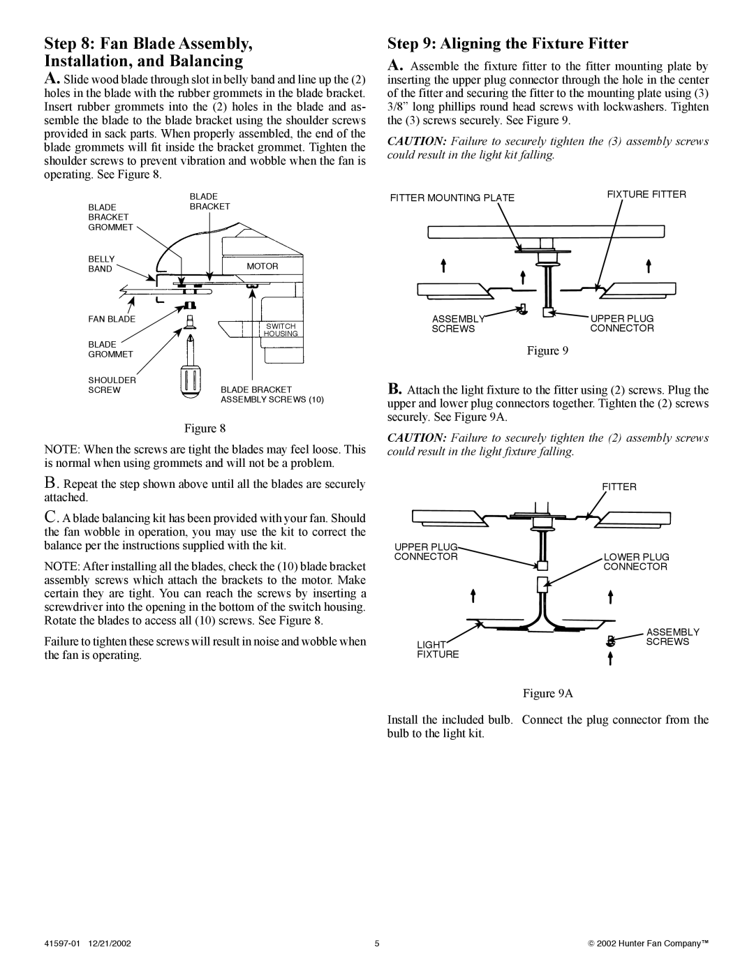 Hunter Fan 41597-01 installation instructions Fan Blade Assembly, Installation, and Balancing, Aligning the Fixture Fitter 