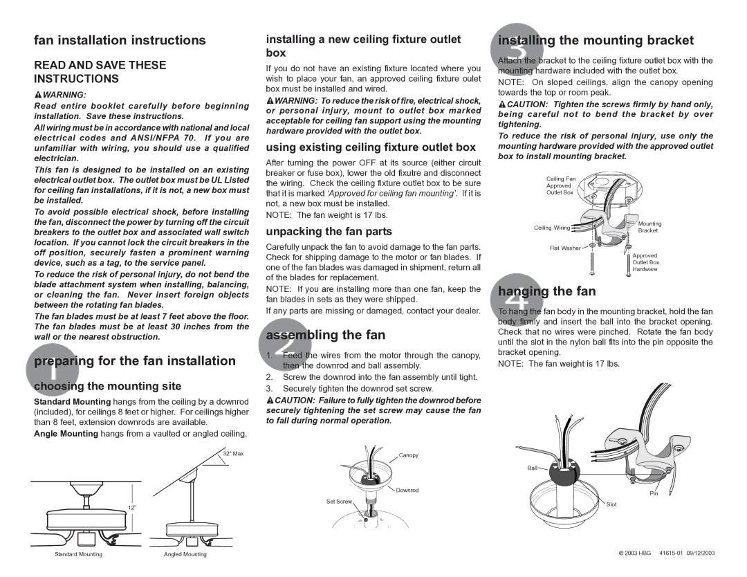 Hunter Fan 41615-01 installation instructions Fan installation instructions, Installing3 the mounting bracket 