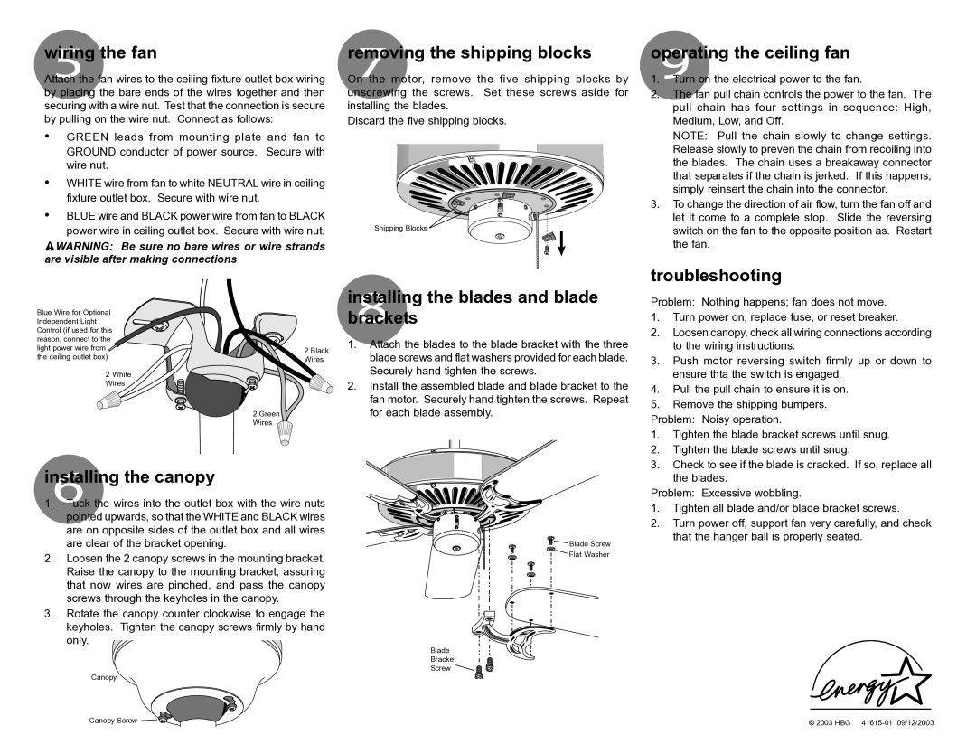 Hunter Fan 41615-01 Wiring5 the fan, Removing7 the shipping blocks, Operating the ceiling fan, Troubleshooting, Canopy 