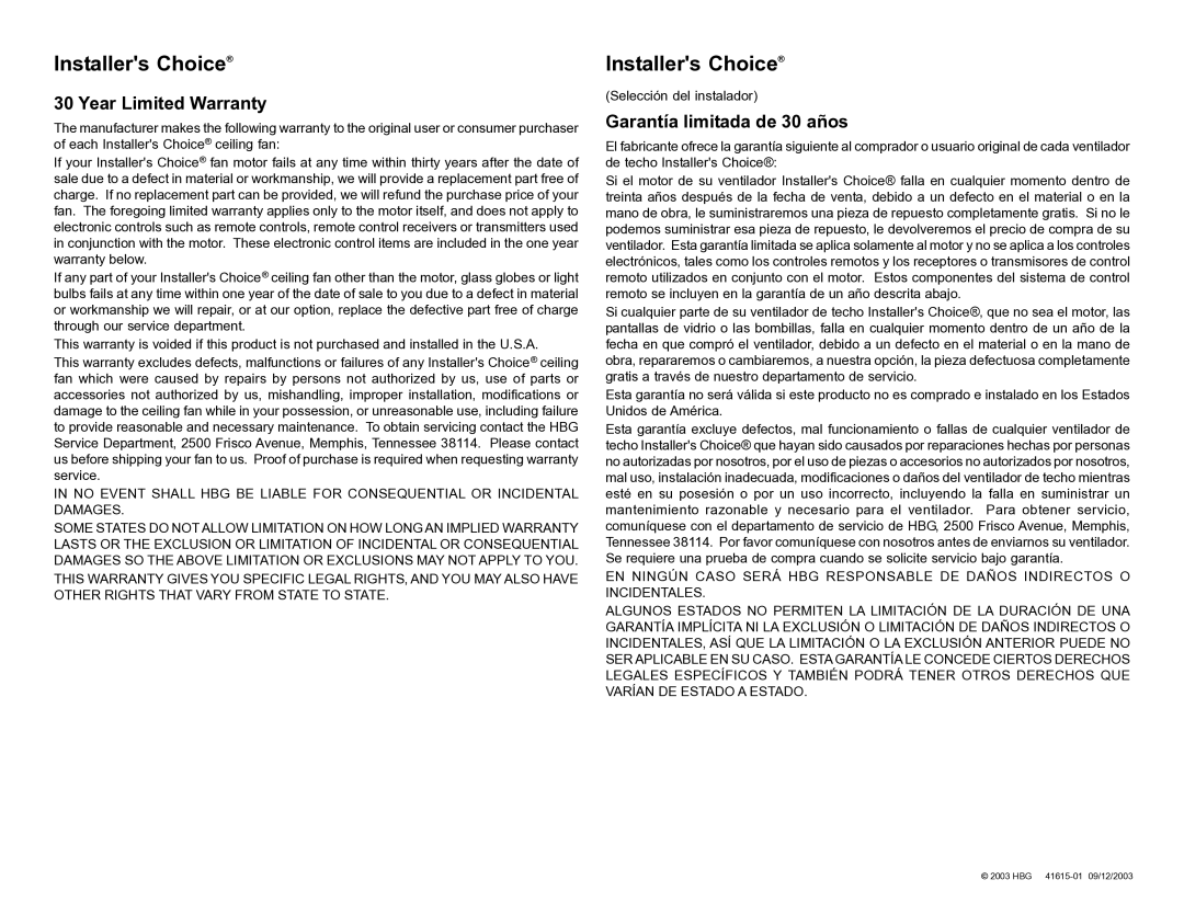 Hunter Fan 41615-01 installation instructions Installers Choice, Year Limited Warranty, Garantía limitada de 30 años 