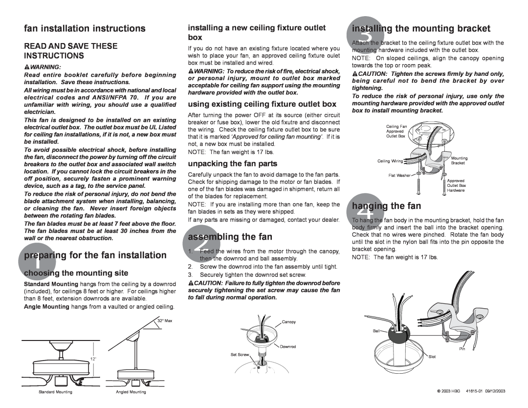 Hunter Fan 41615-01 installation instructions hanging4 the fan, Read And Save These Instructions, unpacking the fan parts 