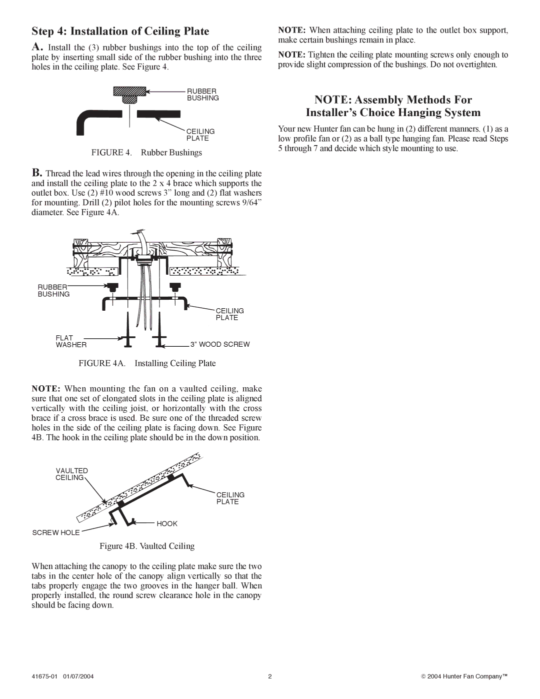 Hunter Fan 41675-01 installation instructions Installation of Ceiling Plate, Installer’s Choice Hanging System 