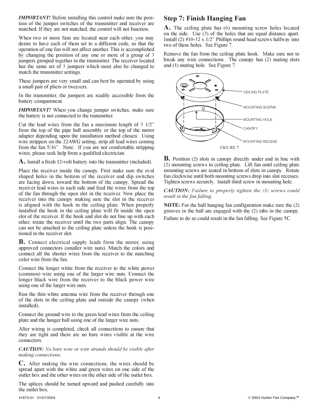 Hunter Fan 41675-01 installation instructions Finish Hanging Fan 