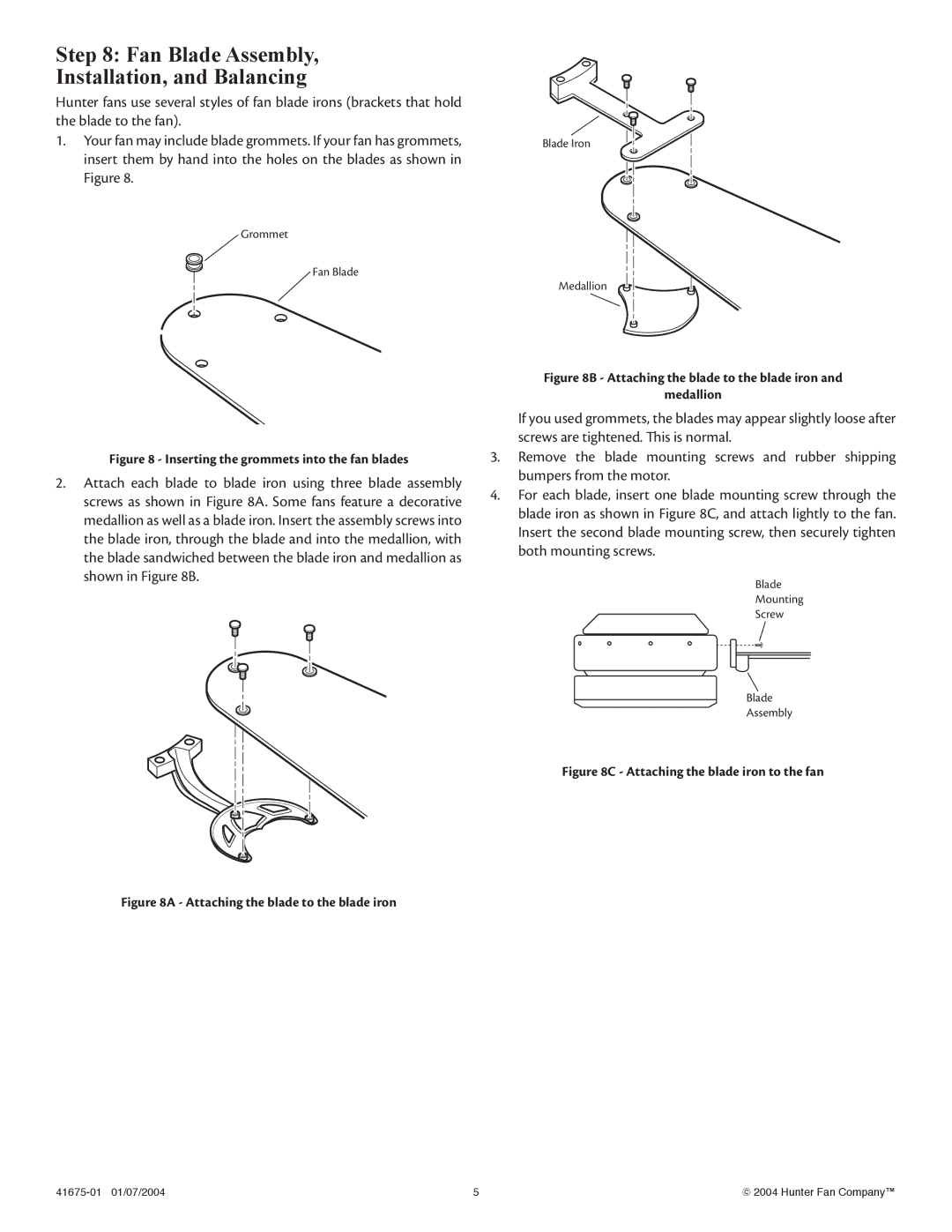 Hunter Fan 41675-01 installation instructions Fan Blade Assembly Installation, and Balancing 