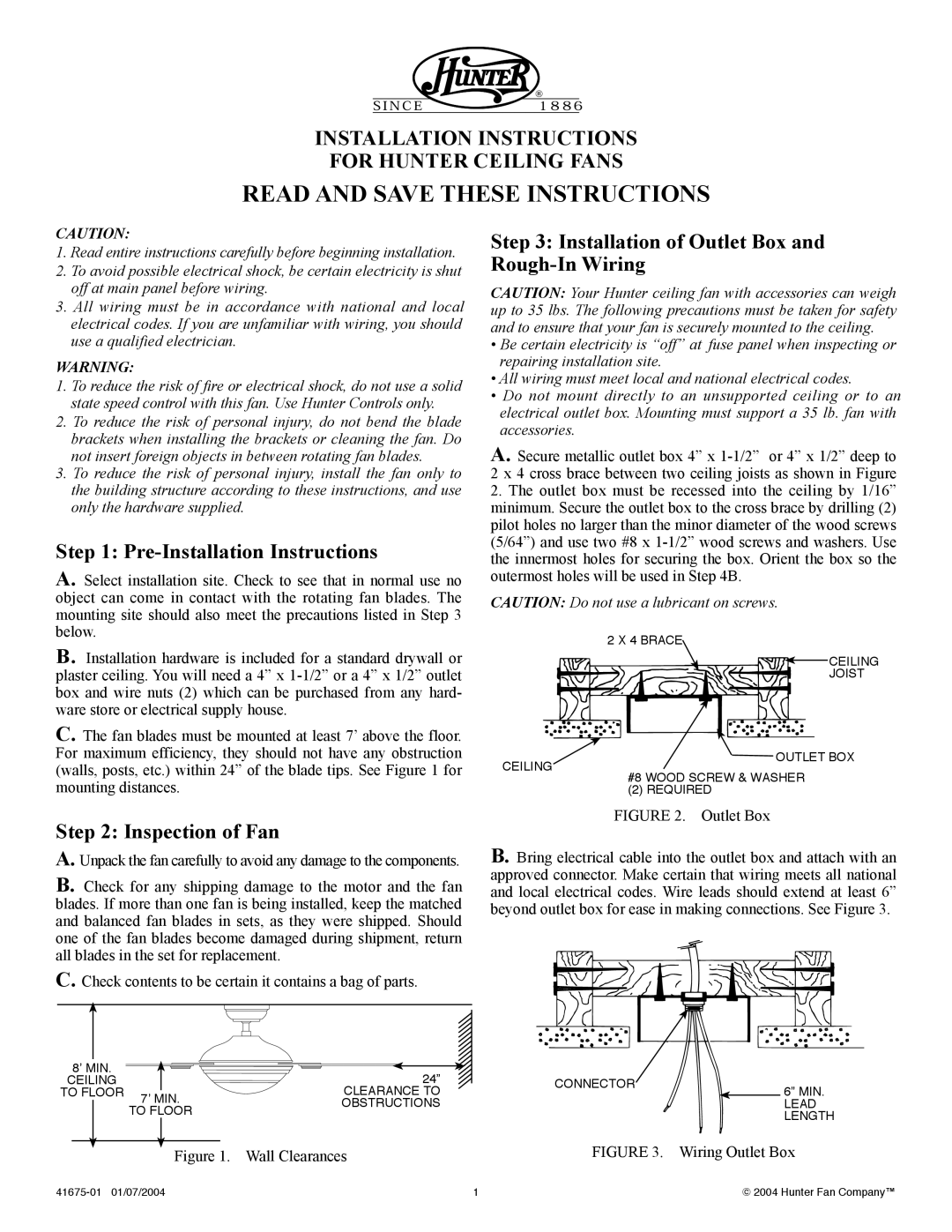 Hunter Fan 41675-01 installation instructions Read And Save These Instructions, Pre-InstallationInstructions 