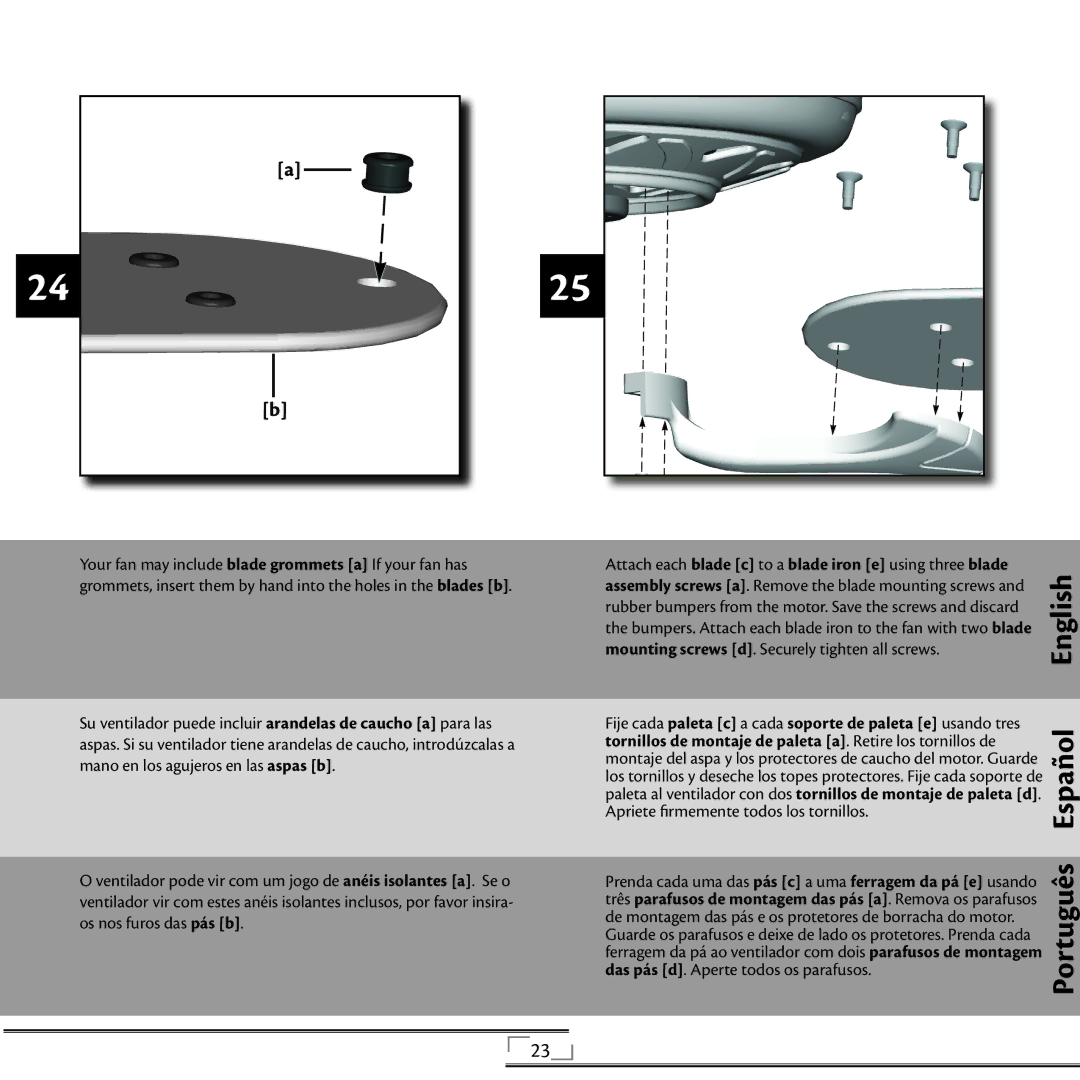 Hunter Fan 41736 Your fan may include blade grommets a If your fan has, Mounting screws d. Securely tighten all screws 