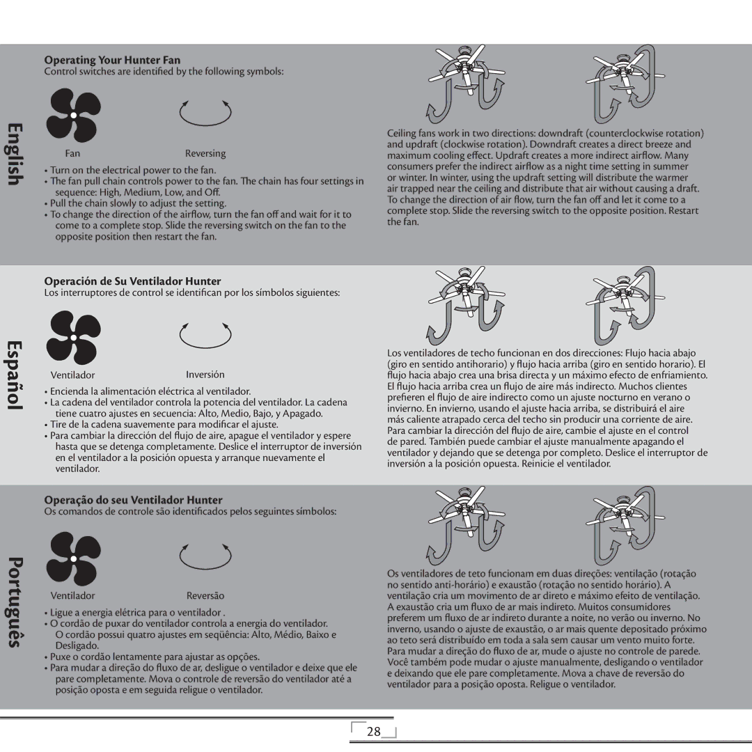 Hunter Fan 41736 Operating Your Hunter Fan, English, Operación de Su Ventilador Hunter, Operação do seu Ventilador Hunter 